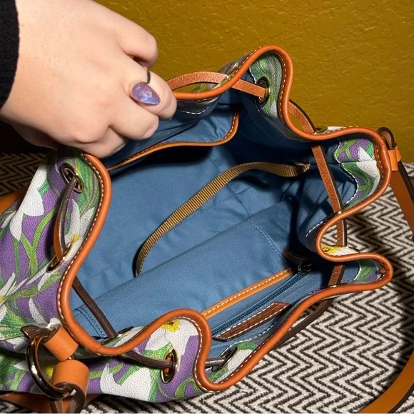 Dooney & Bourke Botanical Daffodil Drawstring Bucket Bag & Wristlet Set - Purple - Picture 13 of 16
